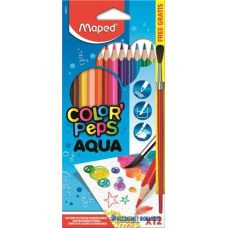 Akvarell ceruza készlet, háromszögletű, ecsettel, MAPED 'Color`Peps', 12 különböző szín