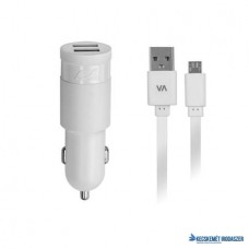 Autós töltő, 2 x USB, 2,4A, micro USB kábellel, RIVACASE 'VA 4222 WD1', fehér