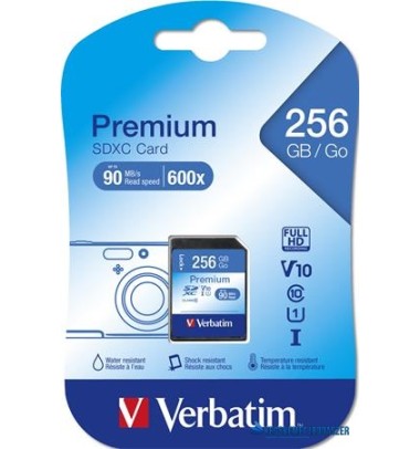 Memóriakártya, SDXC, 256GB, CL10/U1, 90/10 MB/s, VERBATIM 'Premium'