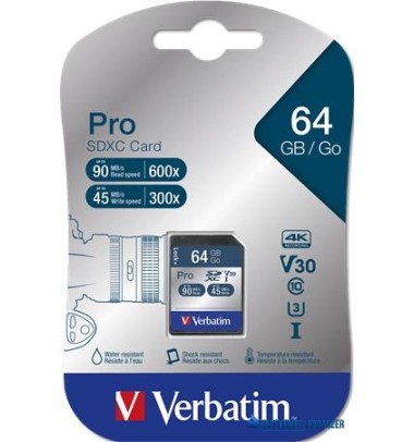 Memóriakártya, SDXC, 64GB, CL10/U3, 90/45MB/sec, VERBATIM 'PRO'