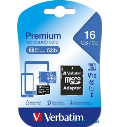 Memóriakártya, microSDHC, 16GB, CL10/U1, 45/10 MB/s, adapter, VERBATIM 'Premium'