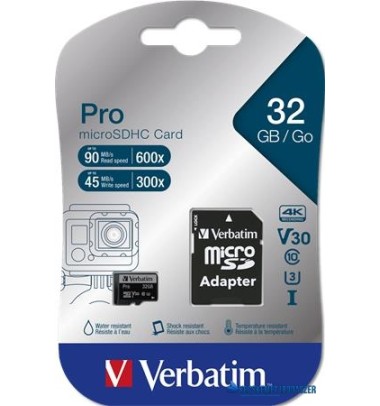 Memóriakártya, microSDHC, 32GB, CL10/U3, 90/45 MB/s, adapter, VERBATIM 'PRO'
