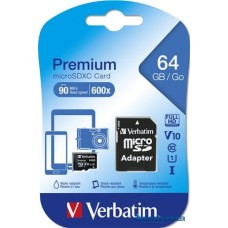 Memóriakártya, microSDXC, 64GB, CL10/U1, 90/10 MB/s, adapter, VERBATIM 'Premium'