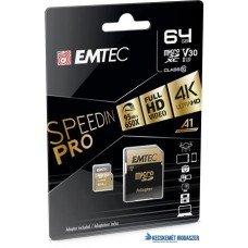 Memóriakártya, microSDXC, 64GB, UHS-I/U3/V30/A2, 100/95 MB/s, adapter, EMTEC 'SpeedIN'